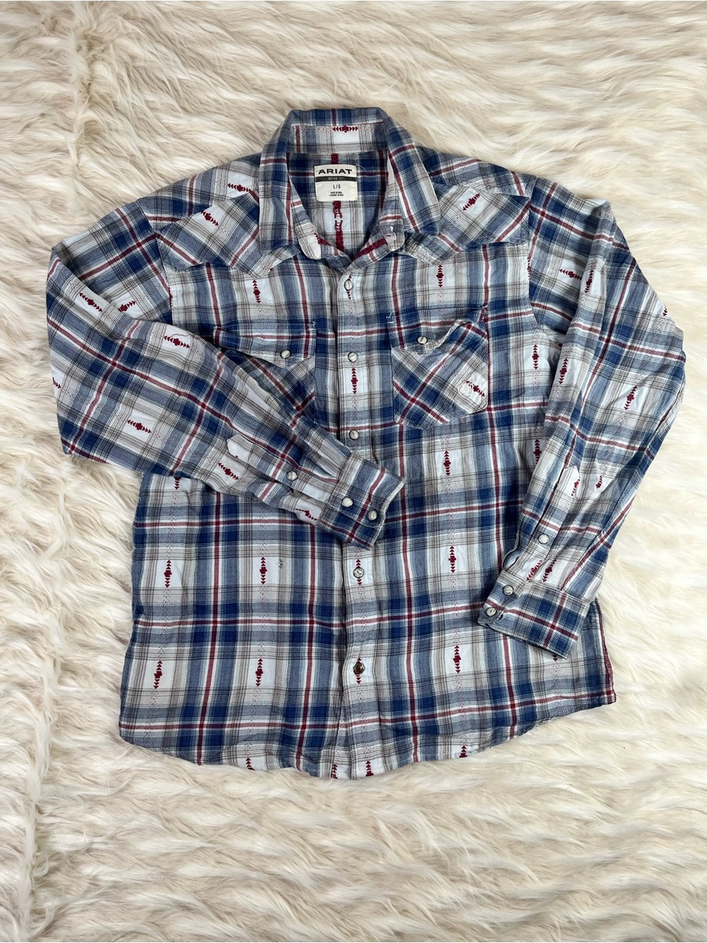 Ariat Pearl Snap Shirt Men's L White Blue Plaid